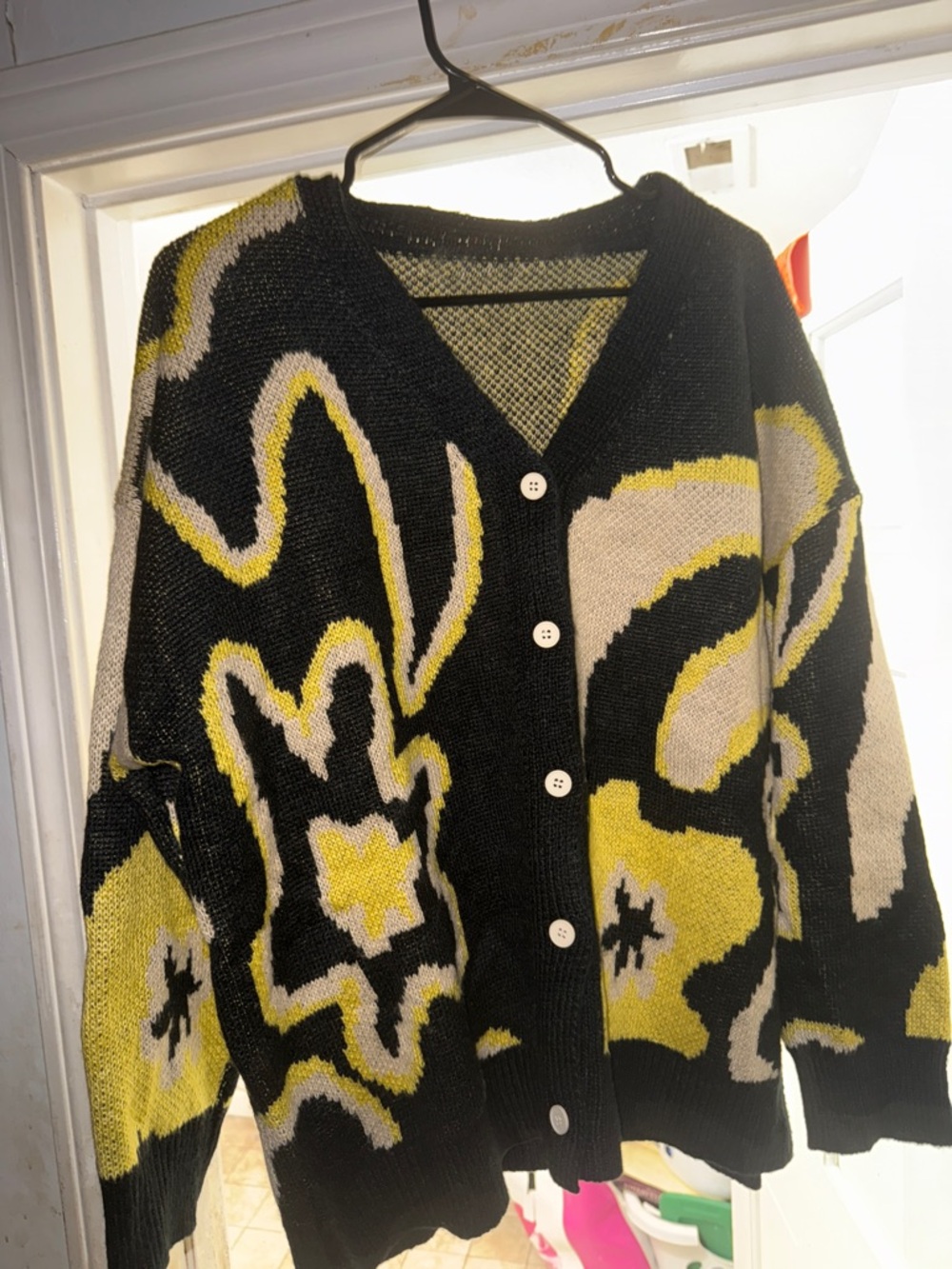 SHEIN Black Cardigan Sweater with Yellow and Cream Floral Graphic